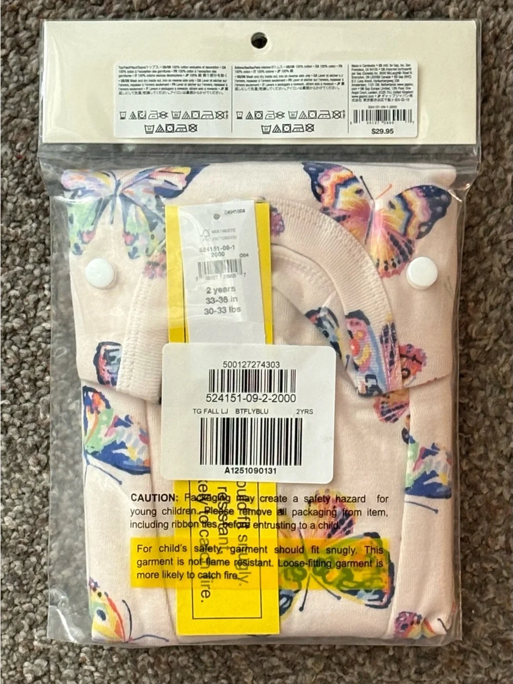 GAP Baby Pink Butterfly Cotton PJ PAJAMA SET 2 Years 2T Long Sleeve Pants NEW